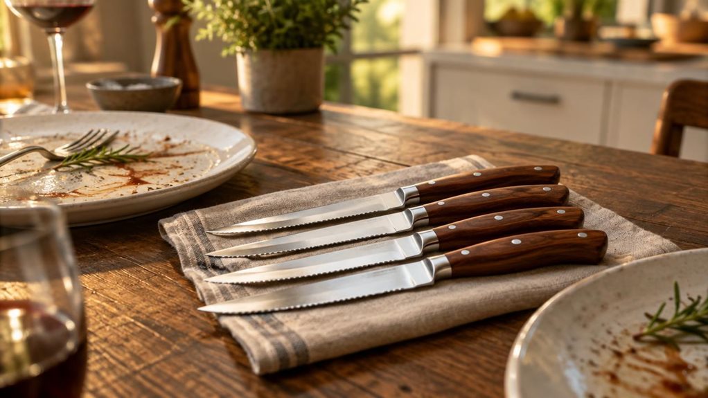 A photograph of a set of four steak knives with polished wooden handles and gleaming serrated blades, arranged neatly atop a linen napkin on a rustic dining table. The composition is horizontal, 16:9, capturing the knives resting beside white ceramic plates with faint traces of a finished steak dinner—juice smears and a sprig of rosemary garnish. Soft, natural light pours in from a nearby window, casting gentle highlights along the stainless steel blades and warm wood grain o