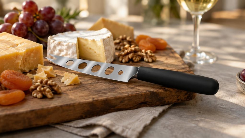 A photograph of a sleek black-handled cheese knife resting diagonally across a rustic wooden cheese board, its perforated steel blade catching soft daylight from a nearby window. The 12 cm blade shows subtle fork-like tines at the tip, designed for lifting delicate cheese slices. Scattered around the knife are wedges of aged cheddar, creamy brie, and a few dried apricots, along with a small cluster of grapes and walnut halves. The wooden board sits atop a linen napkin on a ma