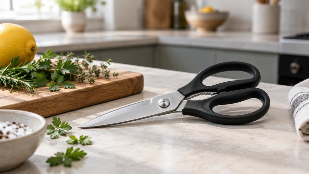 A photograph of a single pair of sturdy stainless-steel kitchen scissors resting naturally on a pale stone countertop in a modern home kitchen, composed as a horizontal 16:9 landscape scene. The scissors are the clear hero, their broad silver blades and matte black ergonomic handles shown in crisp detail, slightly angled beside a wooden cutting board with a few herbs and a lemon nearby. The arrangement feels casually observed rather than staged or mid-action, as if captured d