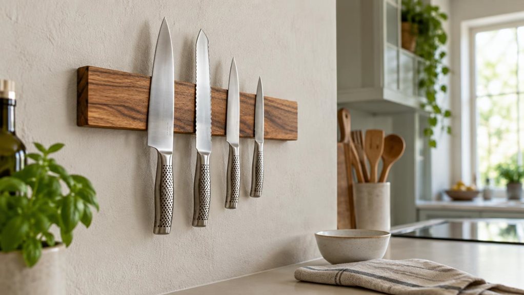 A photograph of a single 50 cm acacia magnetic knife holder mounted horizontally on a pale, lightly textured kitchen wall, its warm wood grain standing out against the calm, modern interior. A few stainless-steel kitchen knives are neatly attached to the magnetic surface, with their handles aligned and blades angled safely downward. The holder is the clear hero of this horizontally composed 16:9 landscape scene, shown in its natural setting above a clean countertop with a fol