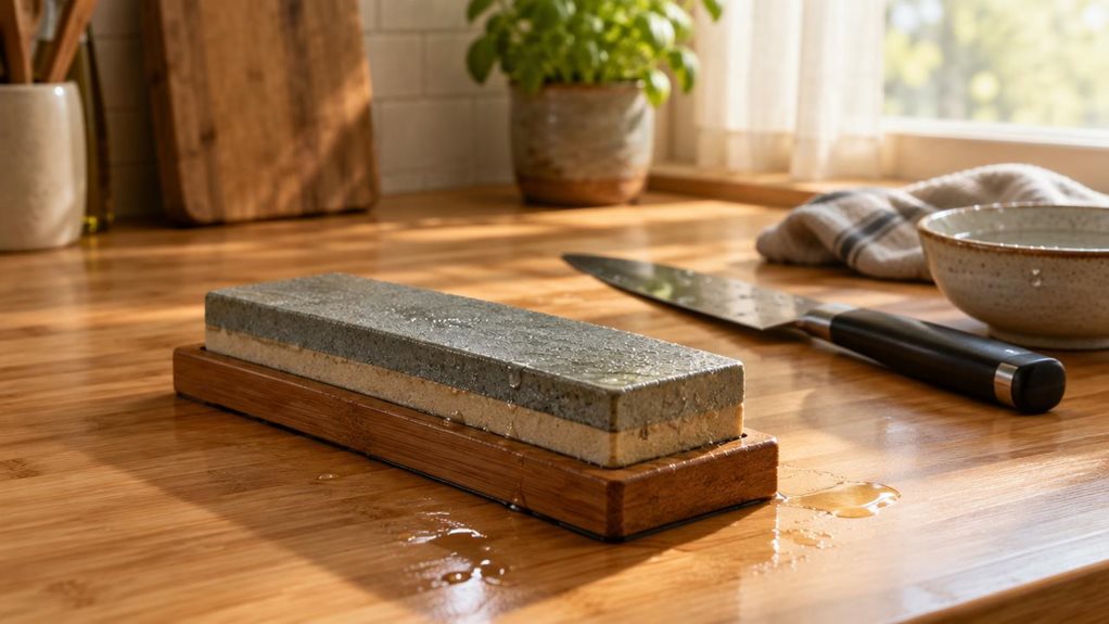 A photograph of a compact combination whetstone resting on a bamboo kitchen counter, angled slightly toward the camera to reveal its two-sided grit surface—coarse and fine, in muted gray and tan tones. The stone sits atop a slim wooden base, still faintly damp with water, catching soft morning light streaming in from a nearby window. Beads of moisture glisten along its edge, and a small puddle reflects the light subtly on the countertop. In the soft-focused background, a chef
