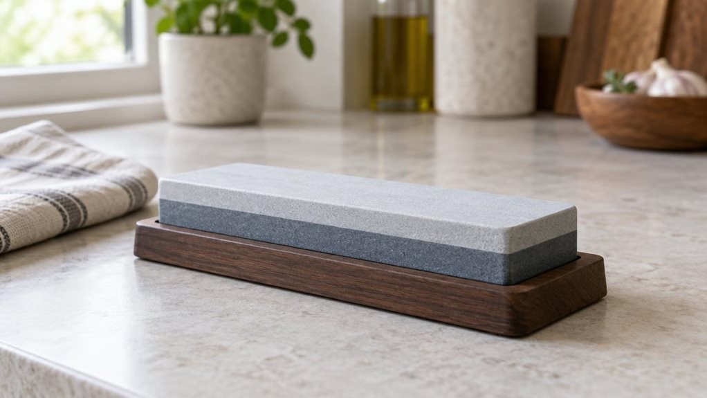 A photograph of a single rectangular double-sided whetstone resting on a pale stone countertop in a calm, modern kitchen, composed horizontally in a 16:9 landscape frame. The sharpening stone is the clear hero, its two subtly contrasting abrasive surfaces and gently rounded edges rendered with realistic texture. A simple dark wooden base keeps it steady, while a folded linen towel and a few softly blurred kitchen details sit nearby without drawing attention. The scene feels c