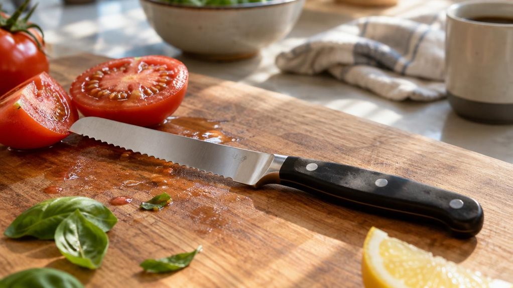 A photograph of a Wüsthof tomato knife resting diagonally across a wooden cutting board in a sunlit kitchen, its serrated edge catching soft morning light. The scene is horizontally framed in a 16:9 composition, with the knife positioned slightly left of center beside a freshly halved tomato, its juicy seeds glistening on the board. A few scattered basil leaves and a wedge of lemon add natural color accents nearby. The stainless steel blade reflects a faint warm glow from a n