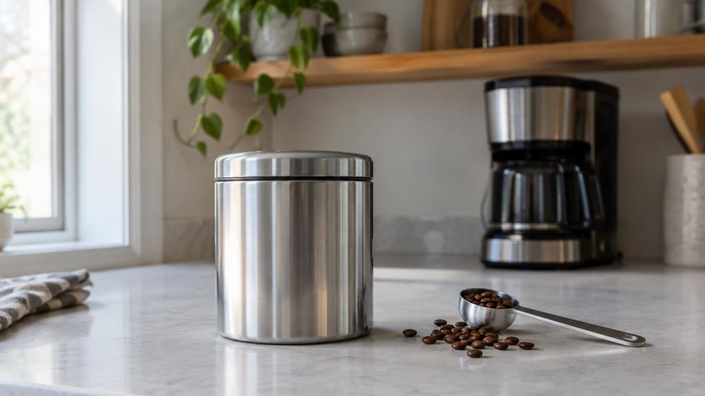 A photograph of a single stainless steel coffee canister resting on a pale stone countertop in a calm, modern kitchen. The horizontally composed 16:9 landscape scene frames the canister as the clear hero, its brushed metal surface catching soft window light and reflecting subtle tones from the room. A fitted lid sits neatly in place, while a small scoop and a few scattered coffee beans nearby suggest its everyday purpose without making the scene feel staged. In the softly blu