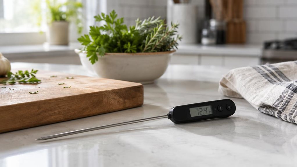 A photograph of a single digital kitchen thermometer resting beside a wooden cutting board on a bright, modern kitchen counter, composed as a horizontal 16:9 landscape. The slim stainless-steel probe and compact, dark display unit are clearly visible, with a temperature reading on the screen and a folded linen towel nearby. A bowl of fresh herbs and a softly blurred kitchen backsplash sit in the background, suggesting an everyday cooking space without making the scene feel st