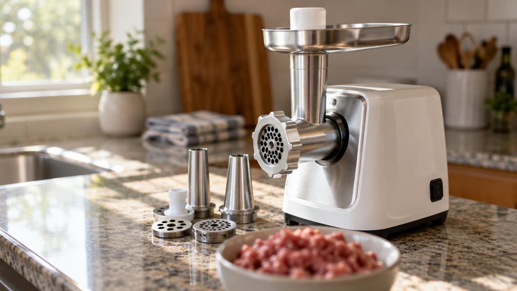 A photograph of a sleek, white and stainless steel electric meat grinder sitting on a granite kitchen countertop, positioned slightly off-center to the right within a horizontal 16:9 frame. The grinder's three attachment heads are neatly arranged beside the base, hinting at its multi-functional design, with one stainless tube catching a glint of soft afternoon sunlight streaming through a nearby window. A small bowl of freshly ground meat sits just in front of the machine, sl