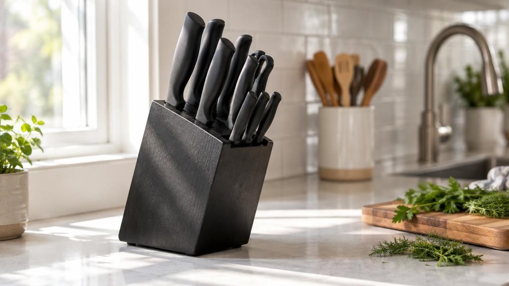 A photograph of a sleek 7-piece black knife set resting in its matching black wooden block, positioned on a quartz kitchen countertop near a sunlit window. The knives feature matte black blades and black ergonomic handles, arranged neatly by size within the angled slots of the block. Soft, natural daylight streams in from the left, catching subtle highlights along the blade edges and casting gentle shadows across the counter's surface. In the background, softly blurred elemen
