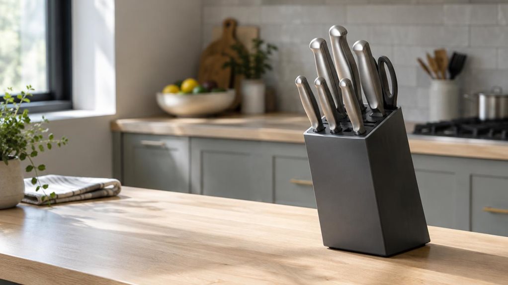 A photograph of a sleek 7-piece kitchen knife block set sitting naturally on a light oak countertop in a modern, softly lit kitchen, framed in a horizontal 16:9 landscape composition. The matte-finished block holds several stainless steel knives with clean, minimalist handles, all arranged neatly and upright, suggesting everyday use without any action taking place. The scene feels candid and observational, as if captured casually with a high-end camera during a quiet morning.