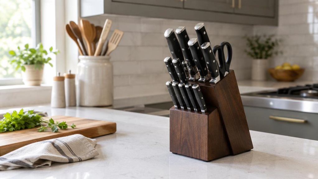 A photograph of a sleek 8-piece kitchen knife block set displayed naturally on a light quartz countertop in a bright, modern kitchen, framed in a horizontal 16:9 landscape composition. The dark wood block sits near a cutting board and a folded linen towel, with the knives neatly arranged and their polished blades catching soft daylight from a nearby window. The scene feels candid and observational, as if casually captured during a quiet morning, with no people present and no 