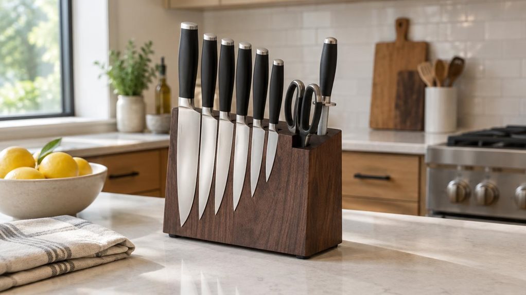 A photograph of a Yabano-style seven-piece knife set arranged on a pale stone kitchen counter, composed horizontally in a 16:9 landscape frame. The dark wooden block stands near the center, holding a neat row of stainless-steel knives with clean, reflective blades and simple black handles; a matching honing steel and kitchen shears sit in the block alongside them. A folded linen towel and a small bowl of lemons nearby lend the scene a lived-in, everyday feel without distracti