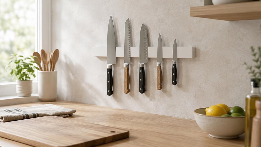 A photograph of a single magnetic knife holder mounted on a pale, softly textured kitchen backsplash, composed horizontally in a 16:9 landscape frame. The slim, matte-white holder is the clear hero, with a small, neatly spaced selection of realistic kitchen knives resting securely against it. Below, a light oak countertop holds a wooden cutting board, a folded linen towel, and a small bowl of citrus, suggesting a lived-in kitchen without distracting from the product. The scen