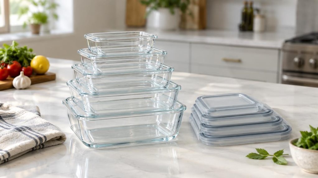A photograph of a single five-piece glass food container set arranged on a bright, modern kitchen counter in a horizontal 16:9 landscape composition. Clear rectangular containers of graduated sizes are neatly nested, with their simple, unbranded lids placed beside them; subtle reflections along the glass edges show their sturdy, realistic construction. A folded linen tea towel and a few fresh ingredients nearby suggest everyday meal storage without making the scene feel stage