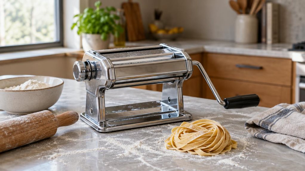 A photograph of a single manual pasta machine resting on a flour-dusted kitchen island, composed horizontally in a 16:9 landscape frame. The polished stainless-steel rollers and sturdy metal body are the clear hero, with a hand crank attached and a small nest of freshly cut pasta arranged nearby. A wooden rolling pin, a ceramic bowl of flour, and a folded linen towel sit casually around it, suggesting a well-used home kitchen without showing anyone mid-action. Soft window lig