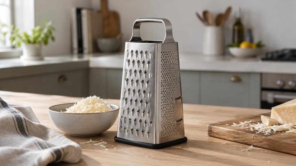 A photograph of a single stainless steel 4-sided cheese grater resting on a clean, light-wood kitchen countertop, shown in a horizontally composed 16:9 landscape scene. The grater stands upright beside a small ceramic bowl of freshly grated cheese, a linen kitchen towel, and a wooden cutting board with a few scattered curls of parmesan, suggesting a calm everyday cooking moment. Soft natural daylight streams in from an off-frame window, creating gentle highlights on the brush