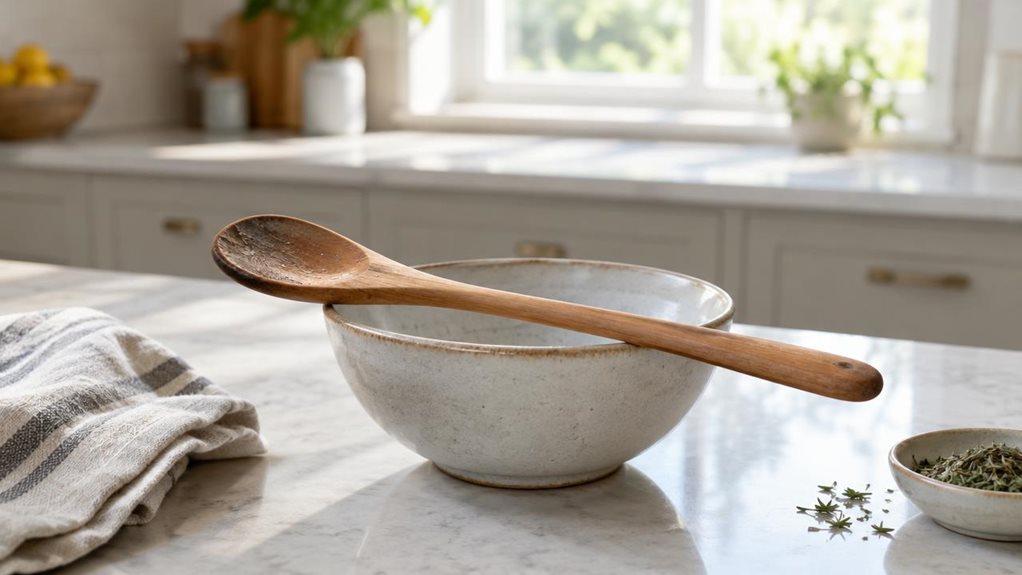 A photograph of a single wooden stirring spoon resting naturally across the rim of a ceramic bowl on a clean, modern kitchen counter, composed as a horizontal 16:9 landscape scene. The spoon is the clear hero, its smooth, gently curved handle and warm wood grain sharply rendered, with a few subtle signs of everyday use that make it feel authentic. Nearby, a folded linen towel and a small dish of herbs add quiet kitchen context without distracting from the utensil. In the soft