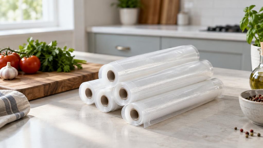 A photograph of a single five-roll vacuum sealer bag set arranged neatly on a light kitchen counter, with the clear, textured rolls stacked at slightly varied angles so their sealed edges and flexible plastic surfaces are visible. The product sits naturally beside a cutting board and a few fresh ingredients in a calm, modern home kitchen, suggesting everyday food storage without showing anyone in the middle of using it. Composed horizontally in a 16:9 landscape frame, the sce