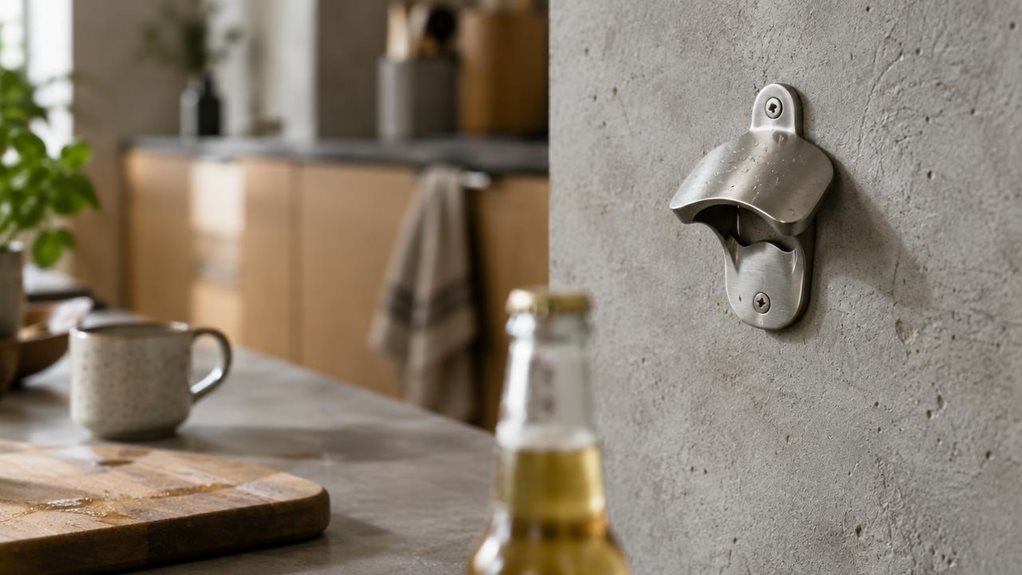 A photograph of a sleek stainless steel wall-mounted bottle opener fixed to a textured concrete kitchen wall, captured in a horizontal 16:9 composition. The opener's brushed metal surface catches soft, diffused daylight streaming in from an unseen window to the left, casting a subtle shadow beneath its curved form. Positioned slightly off-center to the right, the opener anchors the frame while a blurred kitchen countertop stretches across the foreground, scattered with a few 