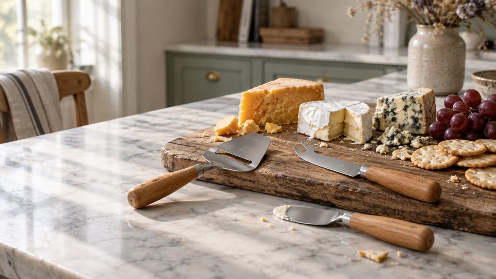 A photograph of a Zassenhaus-style cheese knife set resting on a weathered wooden cutting board atop a marble kitchen island. The set includes a curved cheese plane, a fork-tipped knife, and a soft-cheese spreader, all with stainless steel blades and warm beechwood handles, arranged in a loose, natural fashion as though just set down after use. Wedges of cheese—a crumbly aged cheddar, a soft brie, and a blue-veined variety—sit nearby alongside scattered water crackers and a s