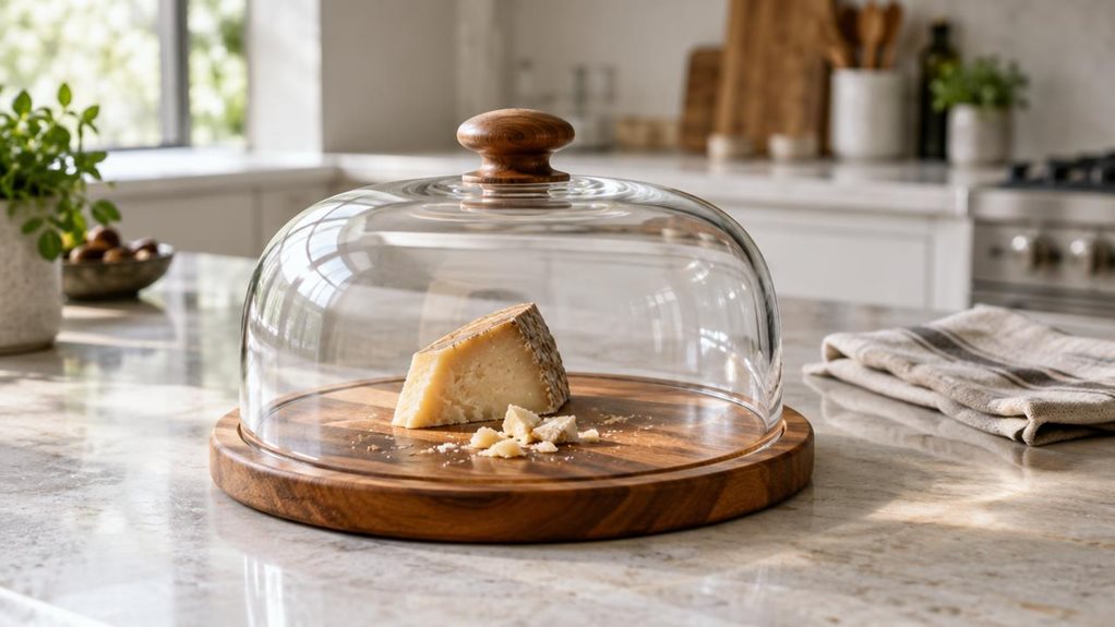 A photograph of a clear glass cheese dome resting on a warm acacia-wood board, placed casually on a pale stone kitchen island. A small wedge of aged cheese and a few crumbs sit beneath the smooth, rounded cover, with the board’s rich grain visible around its edge. The dome is the unmistakable hero, shown at a natural three-quarter angle with subtle reflections across the glass and a softly polished wooden handle. In the gently blurred background, a bright, modern kitchen and 