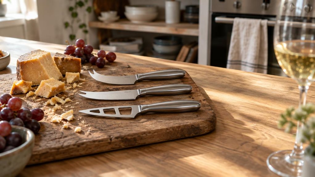 A photograph of a Zassenhaus-style cheese knife set resting on a weathered oak cutting board, arranged on a sunlit kitchen island. The set includes a curved-blade soft cheese knife, a fork-tipped hard cheese knife, and a spade-shaped knife with a skeletonized blade, all featuring sleek stainless steel handles with a subtle matte finish. Crumbs of aged gouda and a few grape clusters sit casually beside the knives, suggesting recent use. Morning light spills in from a nearby wi
