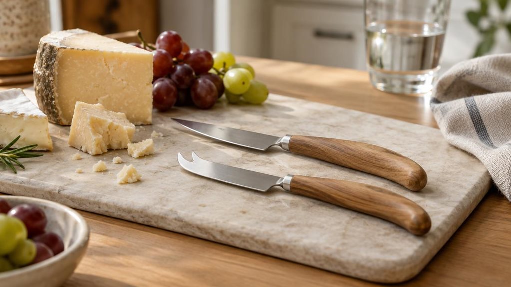 A photograph of a single two-piece cheese knife set resting naturally on a pale stone serving board in a calm, modern kitchen. The horizontally composed 16:9 landscape scene frames the knives as the clear hero: slim stainless-steel blades with softly curved wooden handles, arranged casually beside a few pieces of aged cheese, grapes, and a linen napkin. Nothing is being held or used; the arrangement feels like an unplanned moment after setting out a simple snack. Warm dayligh