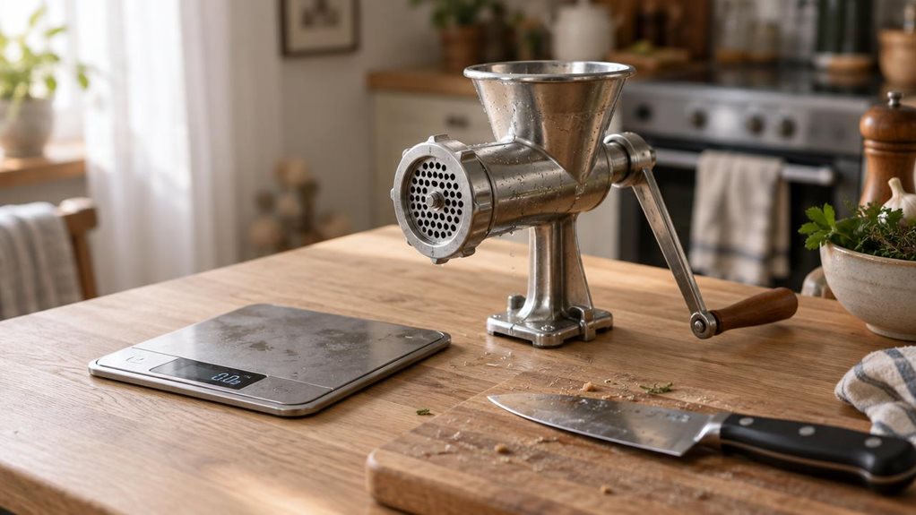 A photograph of a stainless steel mincer set beside a built-in digital kitchen scale and a chef's knife, arranged casually on a light oak countertop. The mincer's hand-crank mechanism catches soft, diffused window light from the left, highlighting brushed metal textures and small water droplets from recent washing. The knife rests at a natural diagonal angle on a wooden cutting board, its blade reflecting a faint glow, while the scale's digital display glows faintly with a di