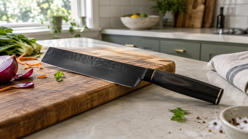 A photograph of a Zayiko Black Edition Nakiri knife resting naturally on a pale stone countertop in a calm, modern home kitchen. The single knife is the clear hero of the scene, placed diagonally across a well-used wooden cutting board, its broad dark blade catching a subtle highlight and its handle showing realistic, refined texture. A few loosely arranged vegetable scraps and a folded linen towel nearby suggest everyday cooking without implying anyone is mid-action. In the 