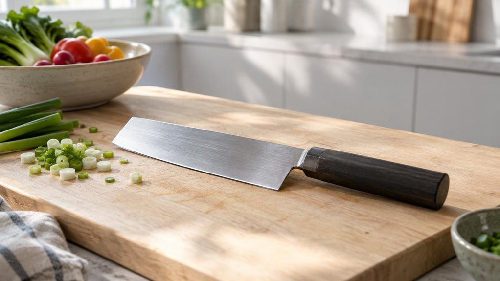 A photograph of a single classic 17.5 cm nakiri knife resting naturally on a pale wooden cutting board in a calm, modern home kitchen. The knife is the clear hero, positioned diagonally across the board, with its broad rectangular blade and simple dark handle rendered in crisp, realistic detail. A few freshly cut scallions and a small bowl of vegetables sit nearby, suggesting everyday kitchen use without making the scene feel staged or mid-action. The horizontally composed 16