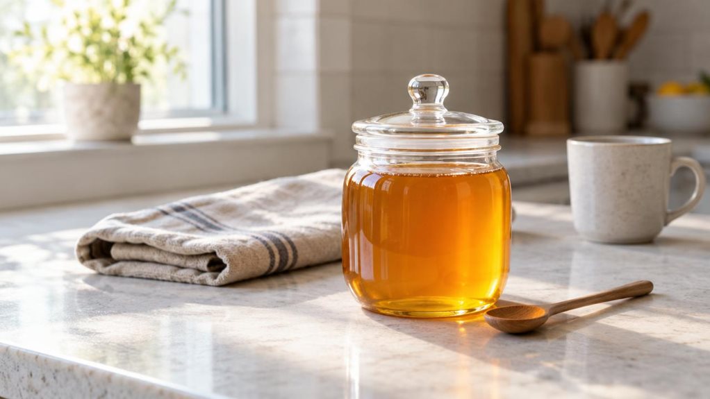 A photograph of a single clear glass storage jar with a simple fitted lid and a small spoon resting beside it, displayed on a light kitchen counter. The jar is filled with golden honey, its glossy surface catching the soft morning light from a nearby window. A folded linen tea towel and a plain ceramic cup sit naturally in the background, suggesting an everyday kitchen setting without distracting from the product. The scene is horizontally composed in a 16:9 landscape frame, 