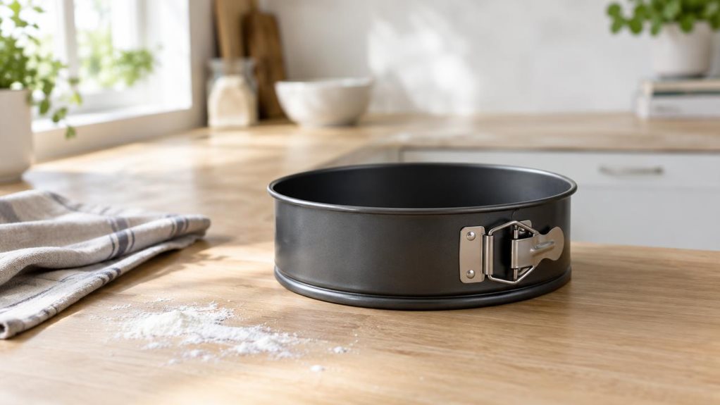 A photograph of a single two-piece springform tin resting casually on a light oak kitchen counter in a modern, sunlit home, composed in a horizontal 16:9 landscape frame. The matte dark nonstick pan sits slightly off-center beside a folded linen tea towel and a small dusting of flour, suggesting recent baking without any staged action. Soft natural window light from the left creates gentle highlights along the metal latch and rim, while the background falls into a creamy blur