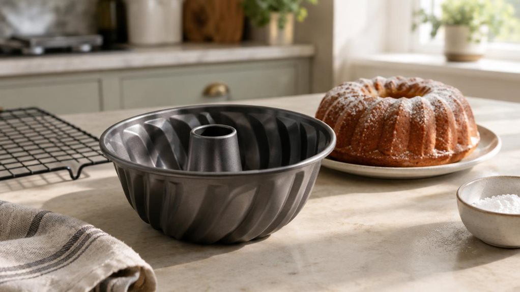 A photograph of a single dark gray Gugelhupf cake mould resting on a pale stone kitchen counter beside a cooling rack. Its fluted sides and central tube are clearly visible, with a subtle nonstick finish catching the light. A freshly baked ring cake sits nearby on a simple ceramic plate, lightly dusted with powdered sugar, while a folded linen tea towel and a small bowl of sugar add a relaxed, lived-in touch. The mould is the hero of the scene, shown naturally in its home-kit