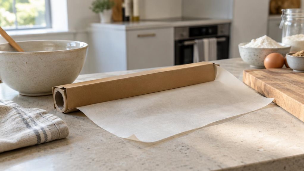 A photograph of a single roll of lasting baking paper resting on a light stone kitchen counter beside a wooden cutting board, presented in a horizontally composed 16:9 landscape scene. The unbranded paper roll sits naturally in its simple cardboard sleeve, with one loose corner of parchment gently unfurled across the counter to reveal its fine, realistic texture. A ceramic mixing bowl, a folded linen towel, and a few baking ingredients sit nearby, suggesting an everyday home 