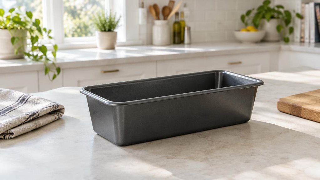 A photograph of a single 30 cm loaf tin resting on a pale stone countertop in a bright, modern home kitchen, composed horizontally in a 16:9 landscape frame. The dark, nonstick metal tin is the clear hero, positioned slightly off-center with its long sides catching soft highlights that reveal its realistic finish and gently rolled edges. Nearby, a folded linen tea towel and a small wooden cutting board add understated, natural texture without competing for attention. In the s