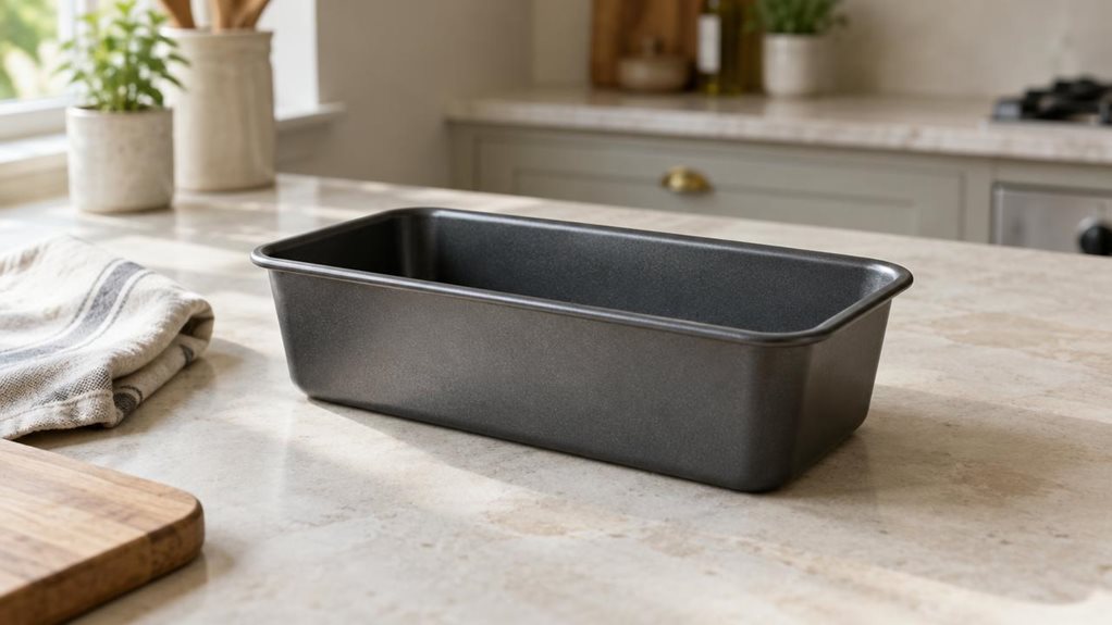 A photograph of a single 30 cm loaf tin resting naturally on a pale stone kitchen counter, composed horizontally in a 16:9 landscape frame. The dark, nonstick metal tin is the clear hero, its gently rounded corners and subtle surface texture rendered with lifelike detail. A folded linen tea towel and a small wooden board sit nearby, suggesting an everyday home-baking setting without distracting from the product. The scene feels candid and observational, as though captured dur