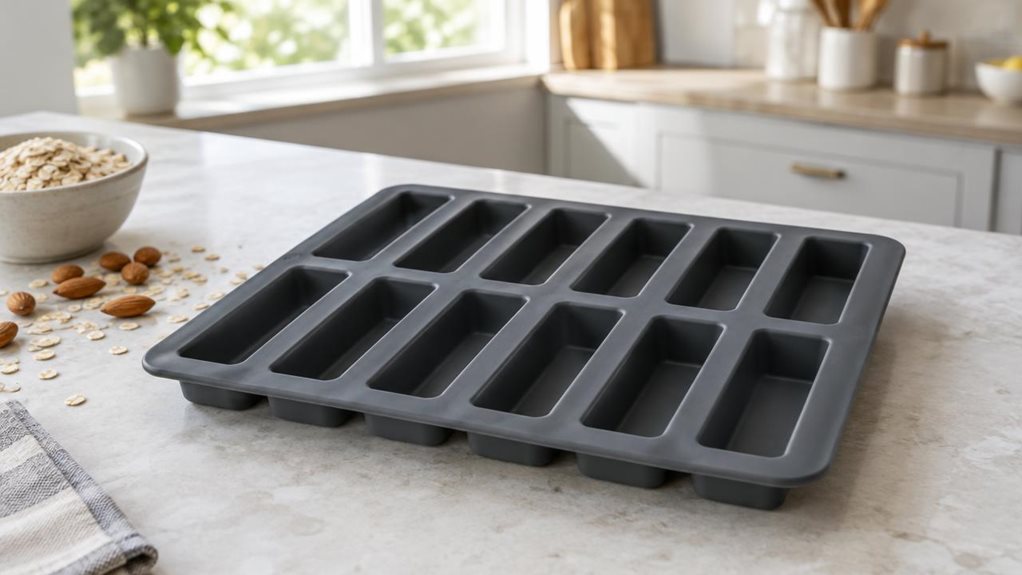 A photograph of a single charcoal-gray silicone cereal bar baking mould resting on a pale stone countertop in a bright, modern home kitchen. The mould has twelve long, narrow rectangular cavities, cleanly defined and empty, with a flexible matte surface and gently rounded edges. It is the clear hero of the horizontally composed 16:9 landscape scene, viewed at a natural three-quarter angle that shows its depth and full shape. Nearby, a small bowl of oats and a few scattered al