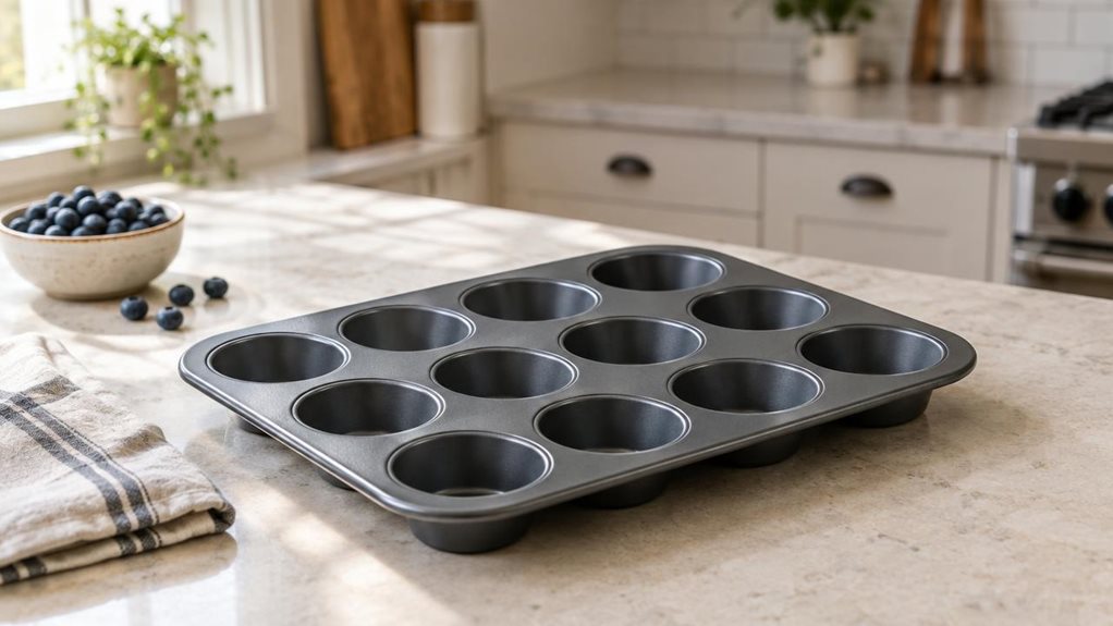 A photograph of a single 12-cup muffin tray resting naturally on a pale stone countertop in a bright, modern home kitchen, composed horizontally in a 16:9 landscape frame. The dark, nonstick metal tray is the clear hero, viewed at a gentle three-quarter angle so its twelve evenly spaced cups and subtle surface texture are easy to see. Nearby, a folded linen tea towel and a small bowl of blueberries add quiet, everyday context without distracting from the product. The scene fe