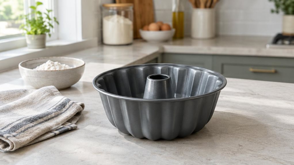 A photograph of a single 22 cm Bundt cake pan resting on a pale stone kitchen counter, its clean, modern form clearly visible as the hero of a horizontally composed 16:9 landscape scene. The pan has a realistic, smooth dark-gray nonstick finish, a fluted circular shape, and a hollow center tube. Nearby, a folded linen tea towel and a small bowl of flour lend a casual, lived-in baking atmosphere without distracting from the product. Soft daylight falls across the counter from 