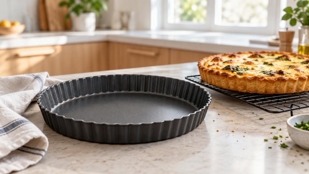 A photograph of a single 28 cm round quiche mold resting on a pale stone kitchen counter, its dark nonstick surface and gently fluted rim clearly visible. The mold sits beside a cooling rack with a freshly baked golden quiche, casually placed as if photographed during an ordinary afternoon at home; a linen tea towel and a few scattered crumbs add understated realism. In the softly blurred background, a bright modern kitchen with light wood cabinetry and a sunlit window create
