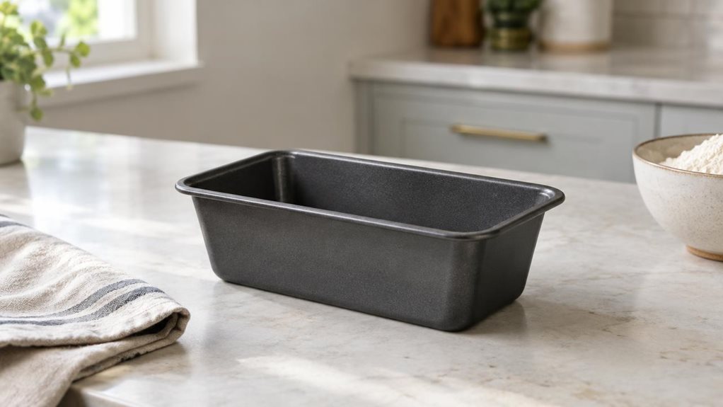 A photograph of a single mini loaf pan resting on a pale stone countertop in a calm, modern home kitchen, composed horizontally in a 16:9 landscape frame. The dark, nonstick metal pan is the clear hero, its compact rectangular shape, gently flared sides, and subtle surface texture rendered with lifelike detail. A folded linen tea towel and a small bowl of flour sit nearby, suggesting the pan’s natural place in a baking space without distracting from it. The scene feels candid