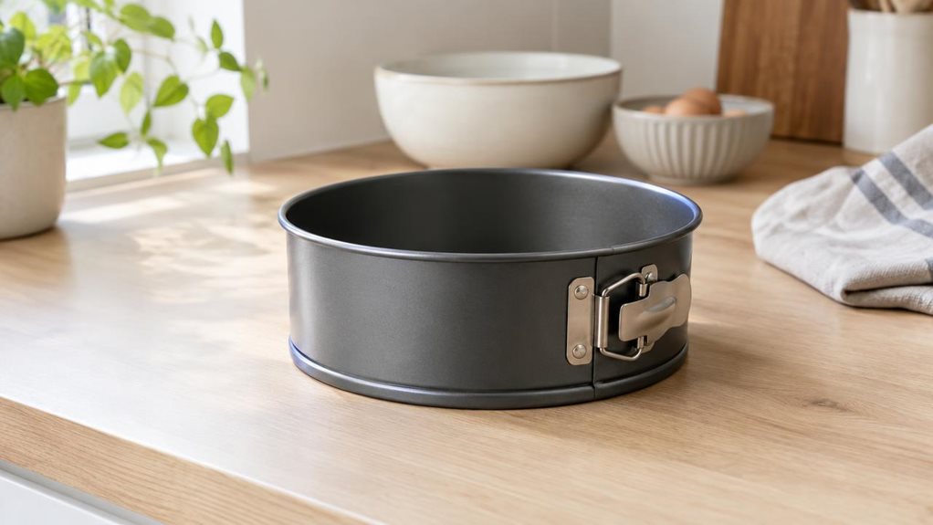 A photograph of a single 20 cm springform cake tin resting casually on a light oak kitchen counter, styled as a quiet lifestyle scene in a modern home kitchen. The horizontally composed 16:9 landscape frame shows the pan centered slightly off to one side, its matte metal finish, smooth circular body, and secure clasp rendered with realistic detail. Soft natural daylight spills in from a nearby window, creating gentle highlights along the rim and subtle shadows beneath the tin