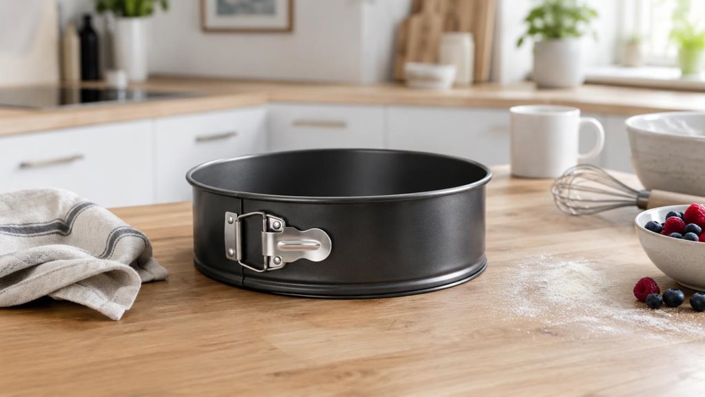 A photograph of a black metallic springform cake tin resting casually on a light oak kitchen counter in a bright, modern home kitchen, composed as a horizontal 16:9 landscape scene. The tin is the clear hero of the frame, shown in-situ with its latch and matte-satin finish catching soft natural window light. Nearby, there’s a folded linen tea towel, a dusting of flour, a small bowl of berries, and a whisk set slightly out of focus, suggesting recent baking without feeling sta