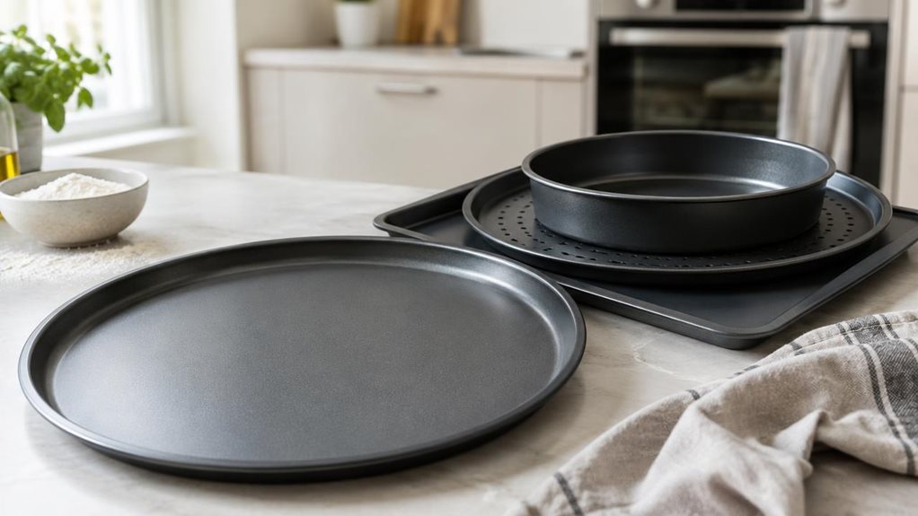 A photograph of a Zenker Teflon 3775 4-piece pizza baking set arranged on a light stone kitchen counter, composed horizontally in a 16:9 landscape frame. The dark, nonstick pizza tray sits slightly forward as the hero, with the matching baking accessories neatly nested beside it, their clean edges and subtle surface texture clearly visible. A casually draped linen towel and a small bowl of flour add a lived-in touch, while a softly blurred modern oven and pale cabinetry estab