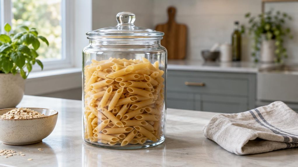 A photograph of a single clear glass storage jar with a fitted lid, resting on a pale stone kitchen counter beside a small bowl of oats and a folded linen towel. The jar is the hero of a horizontally composed 16:9 landscape scene, filled with dry pasta and positioned naturally among a few everyday kitchen essentials. Its clean, simple shape and subtle reflections feel true to a well-used modern home, with no label or branding. Soft natural window light falls across the glass 