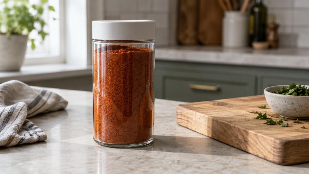A photograph of a single large, stackable spice jar resting on a pale stone kitchen counter beside a wooden cutting board. The clear, straight-sided jar is filled with warm amber paprika and topped with a simple, tightly fitted lid designed to let another jar sit securely above it. Its clean, unbranded appearance and practical proportions make it the focal point, while a few everyday kitchen details—a folded linen towel, a small bowl of chopped herbs, and softly blurred cabin