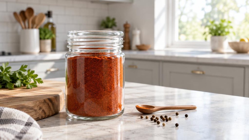 A photograph of a single large, clear glass spice jar with a simple airtight lid, resting on a kitchen counter beside a wooden cutting board. The jar is filled with warm amber-colored paprika, its fine texture visible through the glass, and its flat-topped shape suggests it can stack neatly with matching jars. A small wooden spoon and a few scattered peppercorns sit nearby, adding a casual, lived-in touch without distracting from the product. In the softly blurred background,