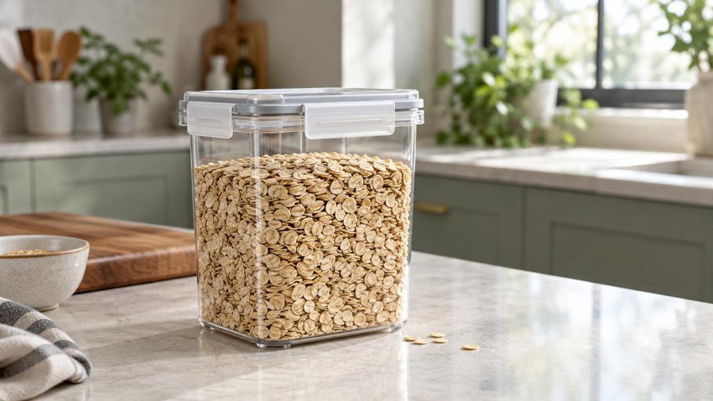 A photograph of a single clear airtight food storage container resting on a pale stone kitchen counter, filled with golden rolled oats. Its transparent body, softly rounded corners, and sturdy four-sided locking lid are in crisp focus, with a few oats visible near its base. The container sits naturally beside a wooden cutting board and a small ceramic bowl in a calm, contemporary kitchen, as if casually noticed during an ordinary morning. A softly blurred background reveals m
