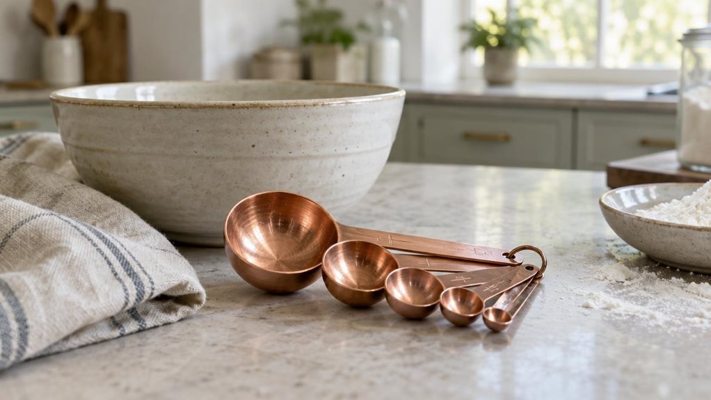 A photograph of a single set of copper measuring spoons resting naturally beside a ceramic mixing bowl on a pale stone kitchen counter, composed as a horizontal 16:9 landscape scene. The spoons are the clear hero, their warm brushed-metal finish catching gentle window light and showing realistic highlights, subtle scuffs, and fine engraved measurement marks without visible lettering. A folded linen tea towel and a small dish of flour sit nearby, suggesting an everyday baking 