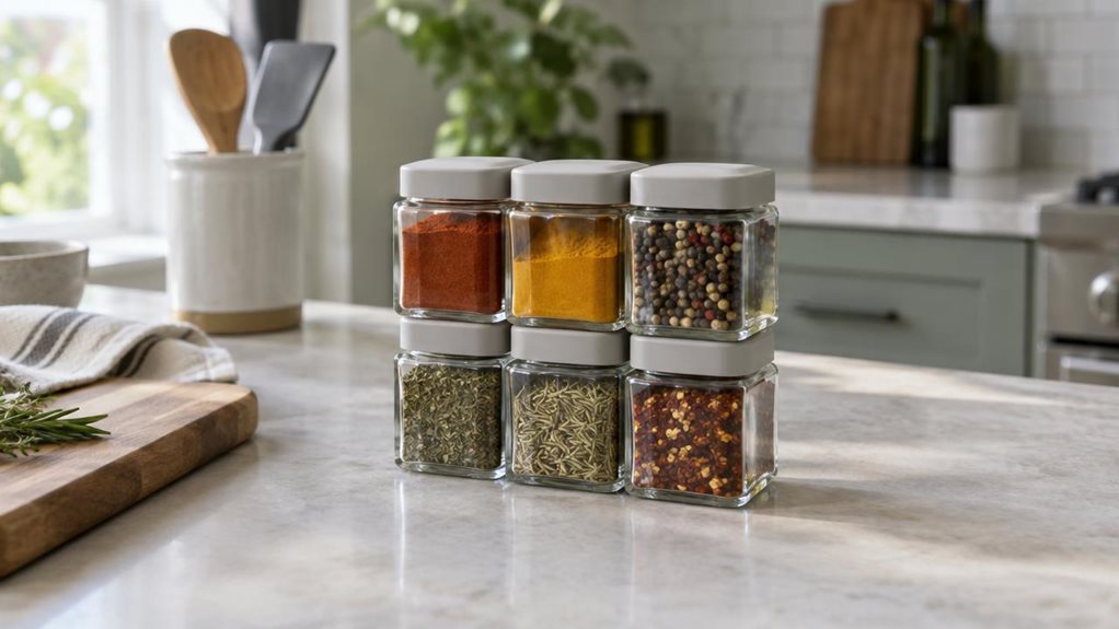 A photograph of a single six-piece set of square glass spice jars arranged neatly on a pale stone kitchen counter, with their clear sides revealing colorful spices such as paprika, turmeric, peppercorns, and dried herbs. Each jar has a simple matte lid and a clean, unbranded appearance. The set is the clear hero, framed in a relaxed, candid 16:9 landscape composition, with a wooden cutting board and a few understated kitchen utensils nearby. Soft natural daylight falls across