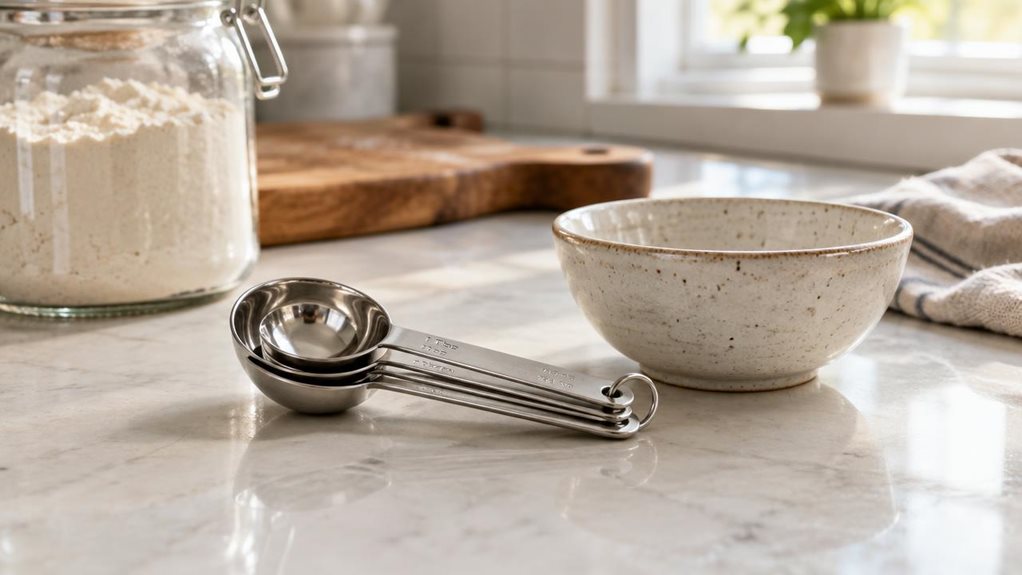 A photograph of a single stainless-steel measuring spoon set resting neatly beside a small ceramic bowl on a bright, modern kitchen counter. The spoons are nested together, their polished surfaces catching the soft morning light from a nearby window; subtle engraved measurement markings are visible without any branding. A jar of flour, a wooden cutting board, and a folded linen towel sit casually in the background, suggesting an everyday baking space without making the scene 