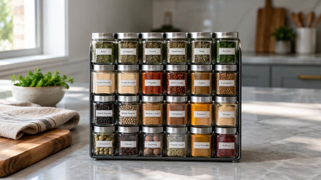 A photograph of a single 24-jar square spice set resting on a kitchen counter, composed horizontally in a 16:9 landscape frame. The clear, neatly arranged jars have matching lids and hold spices in a range of natural colors, from deep paprika red to golden turmeric and leafy green herbs. Their unbranded fronts are clean and simple, with subtle labels that lend the set a polished, practical look. A few everyday kitchen details—a wooden cutting board, a folded linen towel, and 